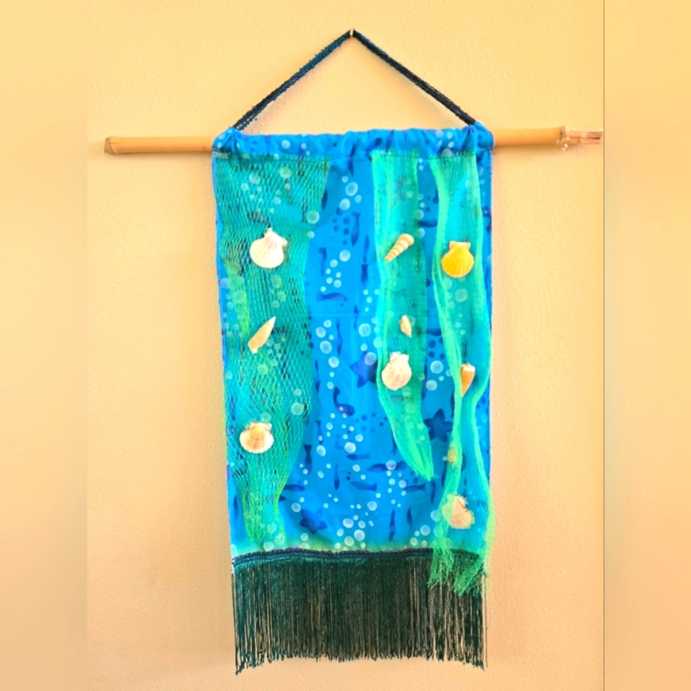 Handmade Ocean-Themed textile Wall Hanging with real shells.
